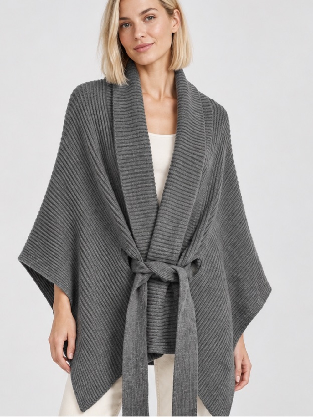 Ralph Lauren Heritage Ribbed Belted Sweater Poncho in Grey